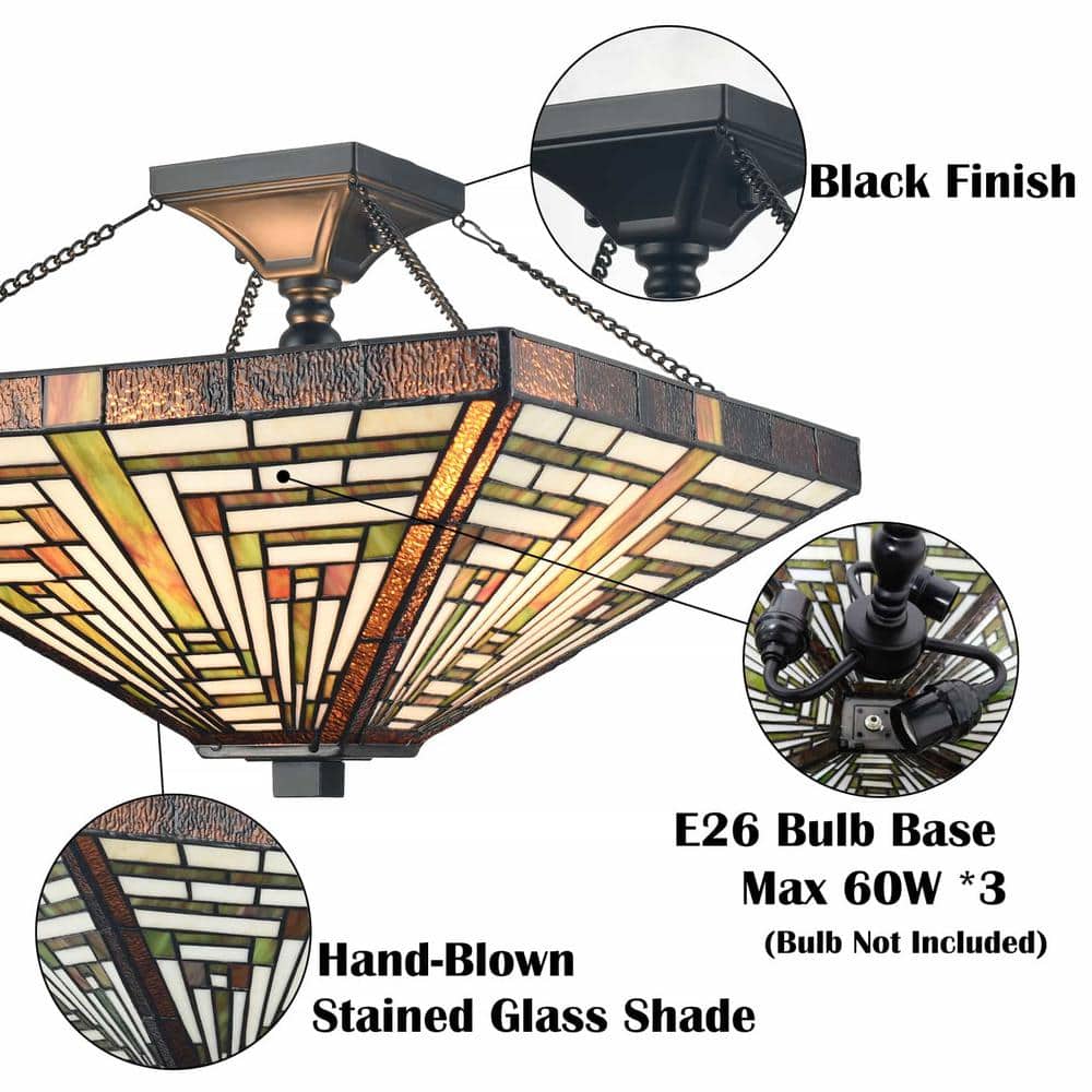 Tiffany Style Black and Multicolor Stained Glass Semi Flush Mount Light