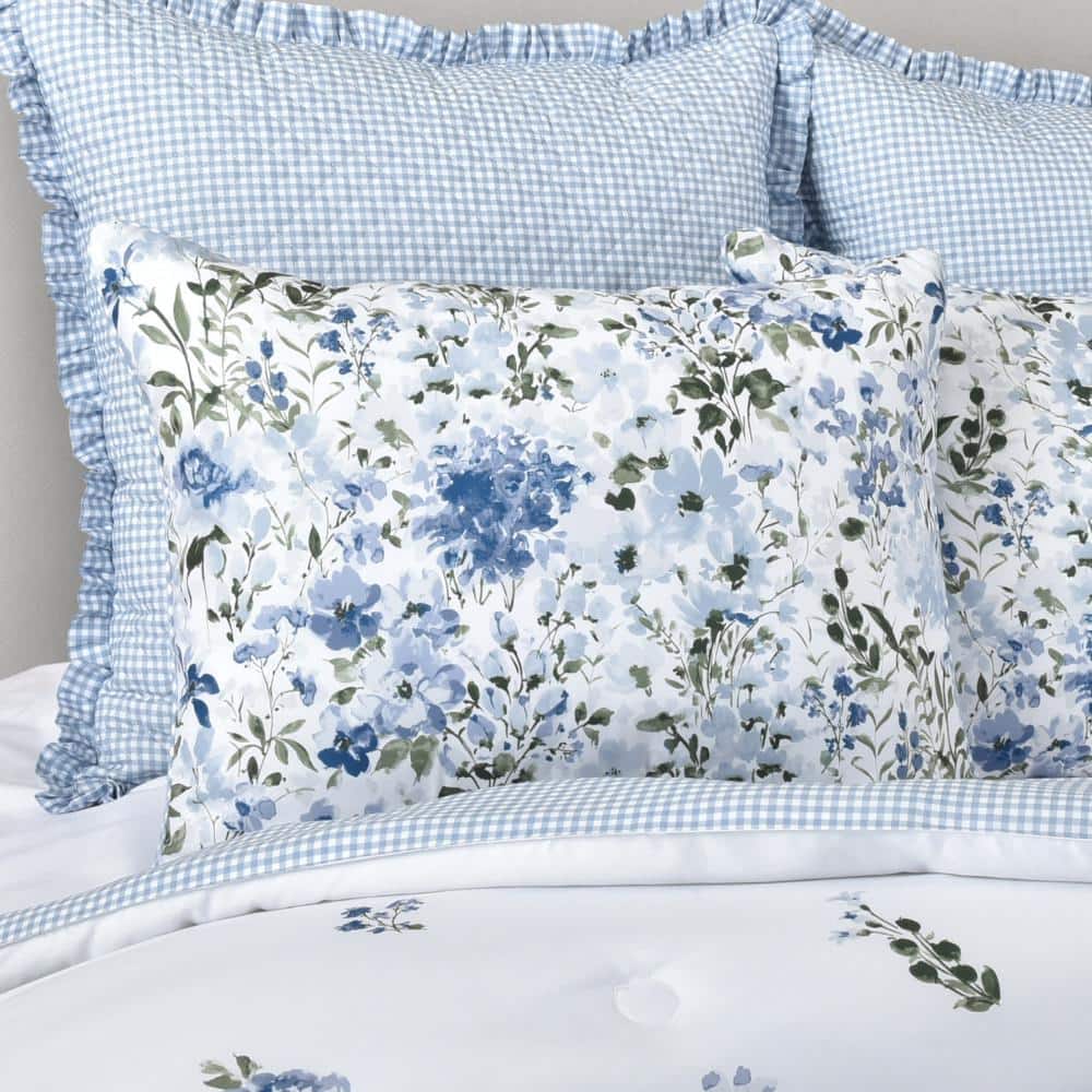 Kourtney Blue Floral Queen Comforter Set with Gingham Accents
