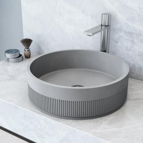 VIGO Cypress Gray Concreto Stone Round Fluted Bathroom Vessel Sink with Gotham Faucet and Pop-Up Drain in Brushed Nickel