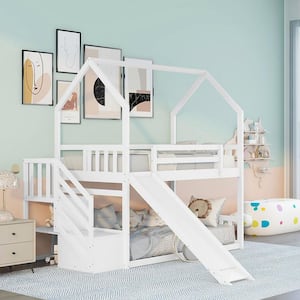 Harper & Bright Designs White Twin Over Twin Wood House Bunk Bed with ...