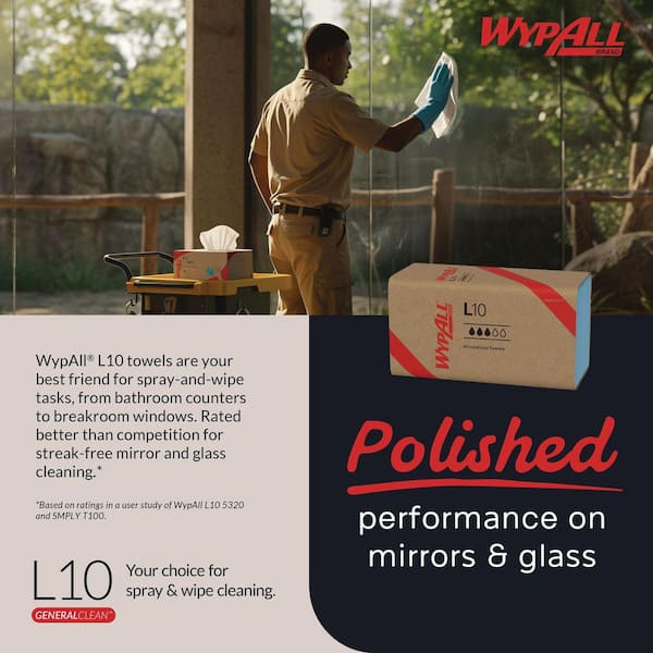 WYPALL L10 Windshield Towels, 1-Ply, 9.-1/10 in. x 10-1/4 in., 1