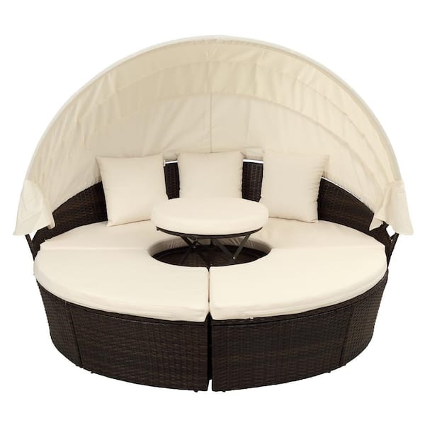 Unbranded 4-Pieces PE Wicker Outdoor Sectional Set with Retractable Canopy Separate Seating and Removable Beige Cushions