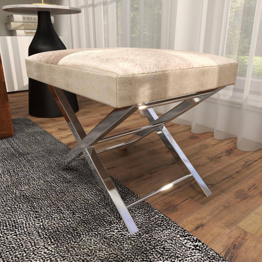 Gray Hair on Hide Leather and Stainless Steel X-Base Stool