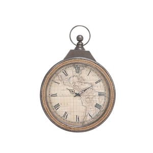 21 in. x 30 in. Brown Metal Pocket Watch Style Wall Clock with Rope Accent