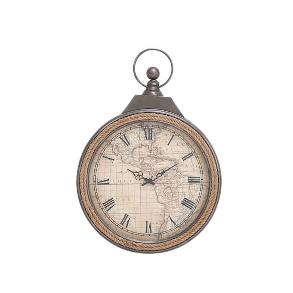 Litton Lane 21 in. x 30 in. Brown Metal Pocket Watch Style Wall Clock with Rope Accent