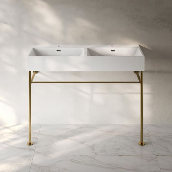 Swiss Madison Claire 48 in. Ceramic White Double Console Sink with Glossy Gold Legs