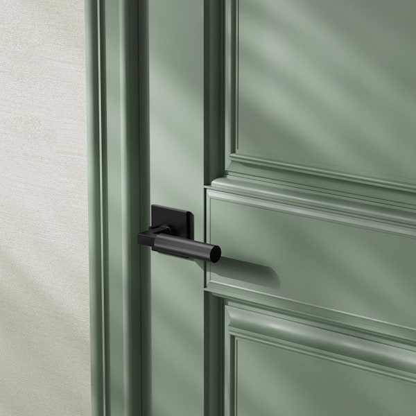 Mila Matte Black Modern Linear Bed/Bath Interior Door Handle with Square Rosette and Concealed Screws (Privacy)