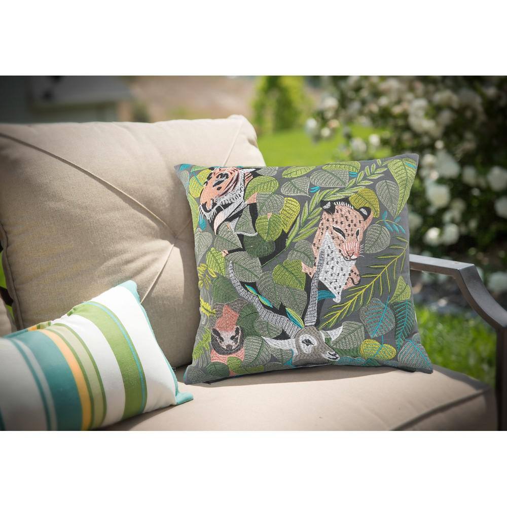 Jungle Scene Green and Multicolor Cotton Throw Pillow