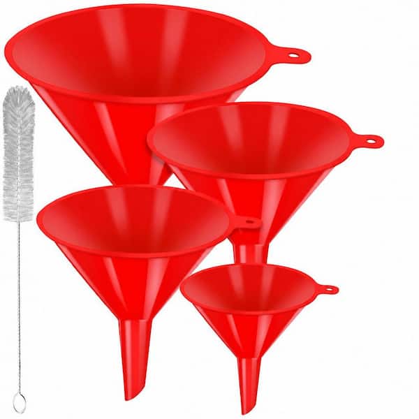 4-Piece Red Plastic Funnel Set with Wide Mouth and Thin Stem for Bottles and Containers