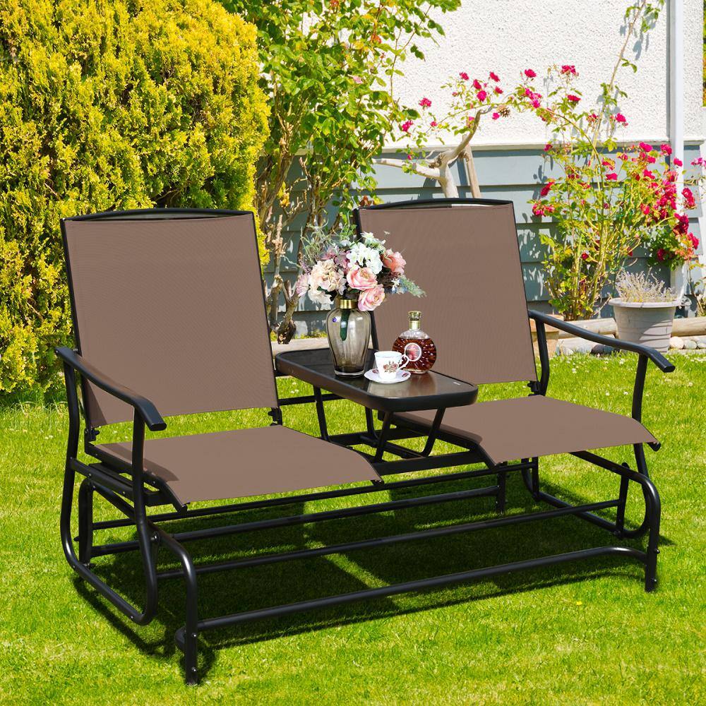 Ergonomic Steel and Glass Outdoor Double Glider Loveseat in Brown