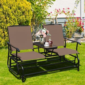 2-Person Brown Metal Outdoor Patio Double Glider Chair Chaise Lounge Loveseat Rocking