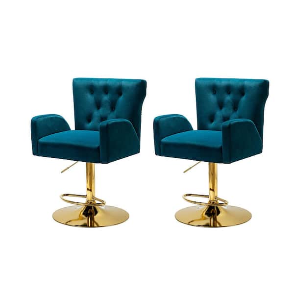 JAYDEN CREATION Luciana Modern Teal Velvet Adjustable Swivel Bar Stool with Tufted Back (Set of 2)