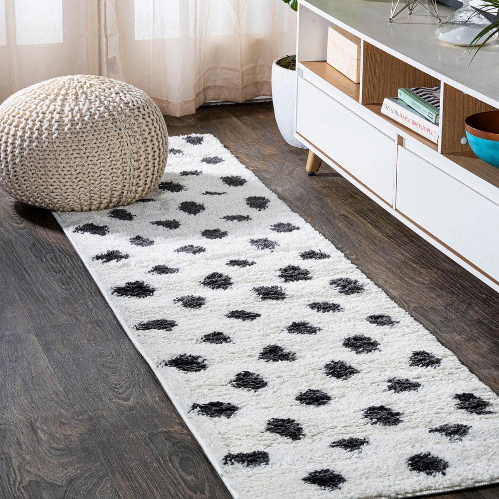 Mid-Century Ivory and Black Polka Dot Shag Rug 2'x10'