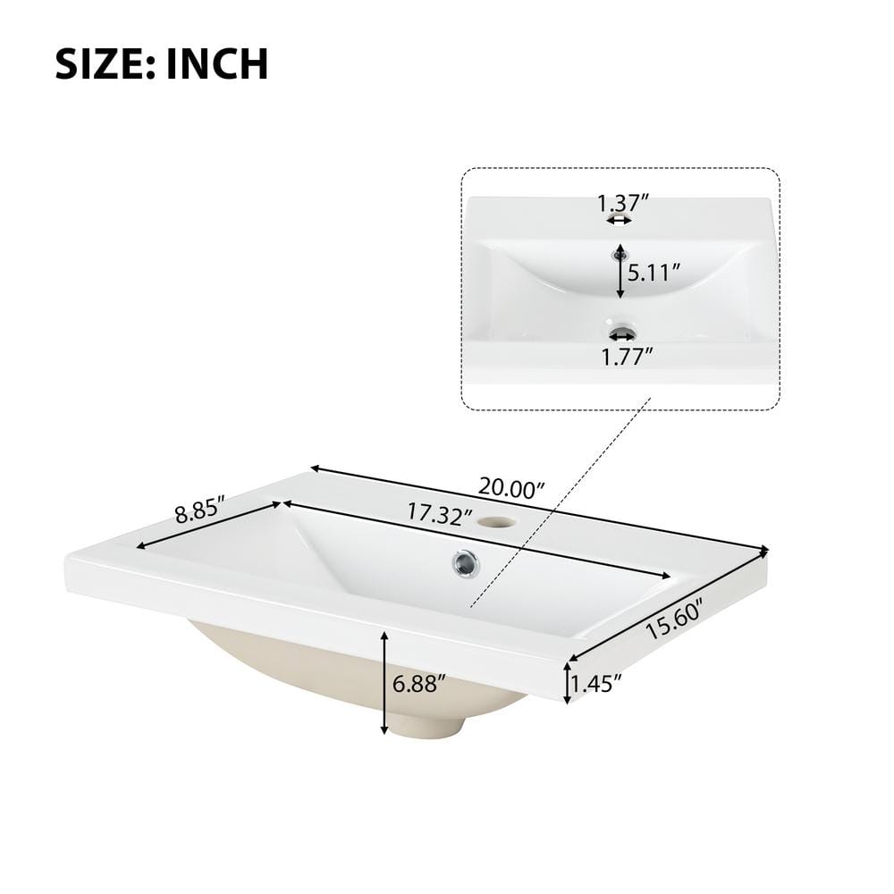 20 in. White MDF Single Sink Freestanding Bath Vanity with Ceramic Top
