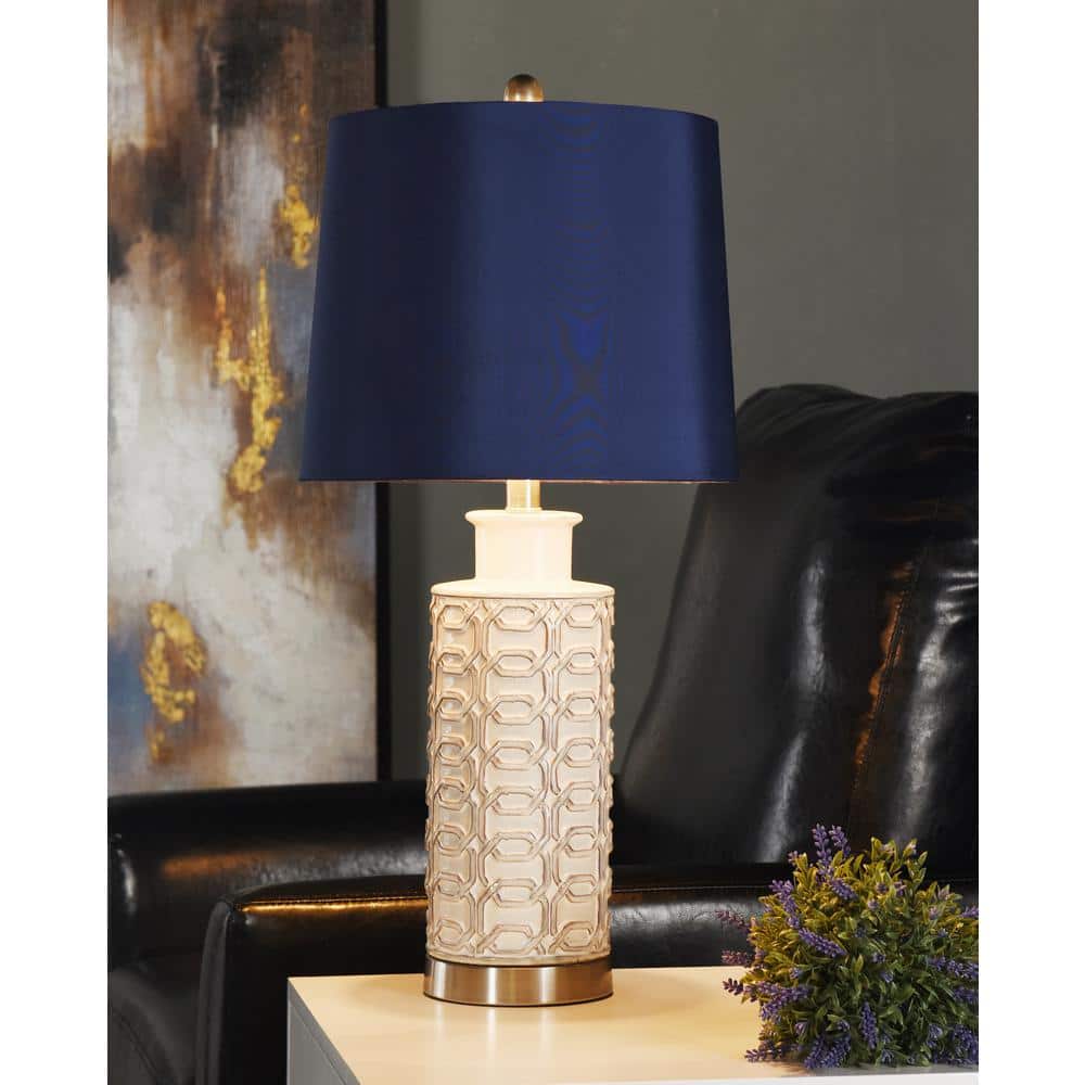 Blue and Cream Ceramic Table Lamp with Steel Accents