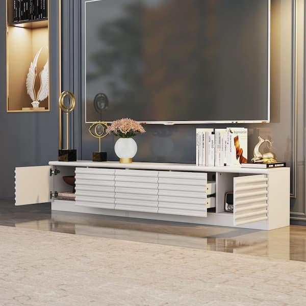 White TV Console Entertainment Center Fits TV's Up to 80 in. with 2 Shelves, 3 Drawers, 2 Doors and Waven Surface