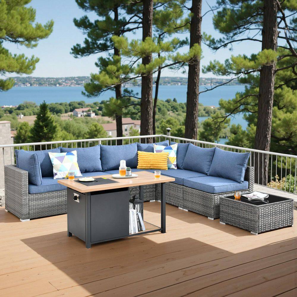 Sanibel Gray 8-Piece Wicker Outdoor Patio Conversation Sofa Seating Set with a Storage Fire Pit and Denim Blue Cushions price history on PriceWatchPro