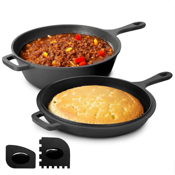 MegaChef 10 .5 Inch 2-in-1 Pre-Seasoned Cast Iron Skillet and Fry Pan Set