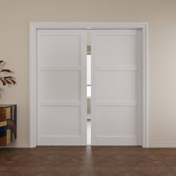 72 in. x 80 in. White Primed 3 Lite MDF Door with Solid Core Pocket Sliding Door Frame with Hardware and Soft Close