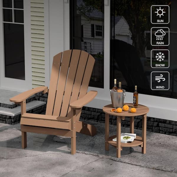 18 in. Teak Round Plastic Adirondack Outdoor Double Layer Patio Side Table (set of 2)