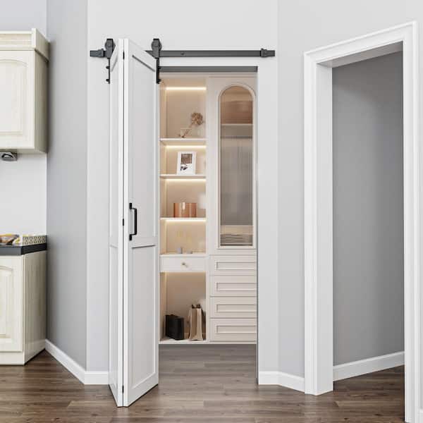 40 in. x 84 in. Solid Core White Primed MDF Wood Paneled H Design Bi-Fold Door Style Barn Door with Hardware