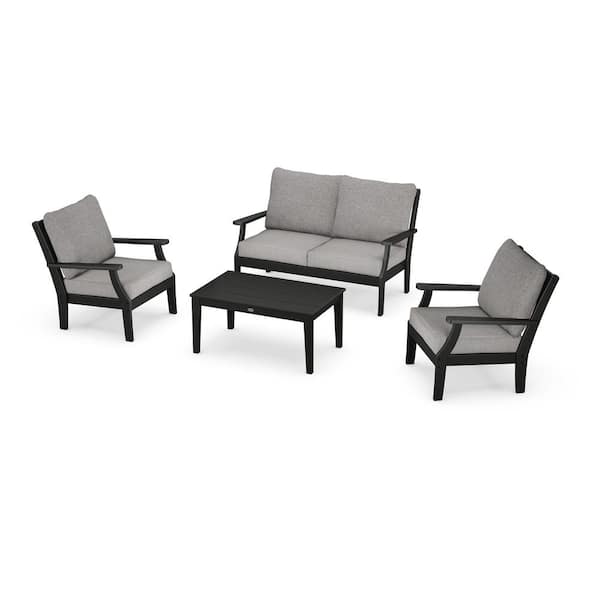 POLYWOOD Braxton 4-Piece Plastic Outdoor Deep Seating Set with Grey Mist Cushions