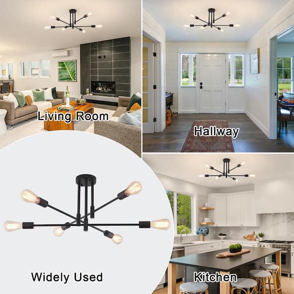 ADSENSTY 27.56 in. 6-Light Black Sputnik Semi- Flush Mount Ceiling