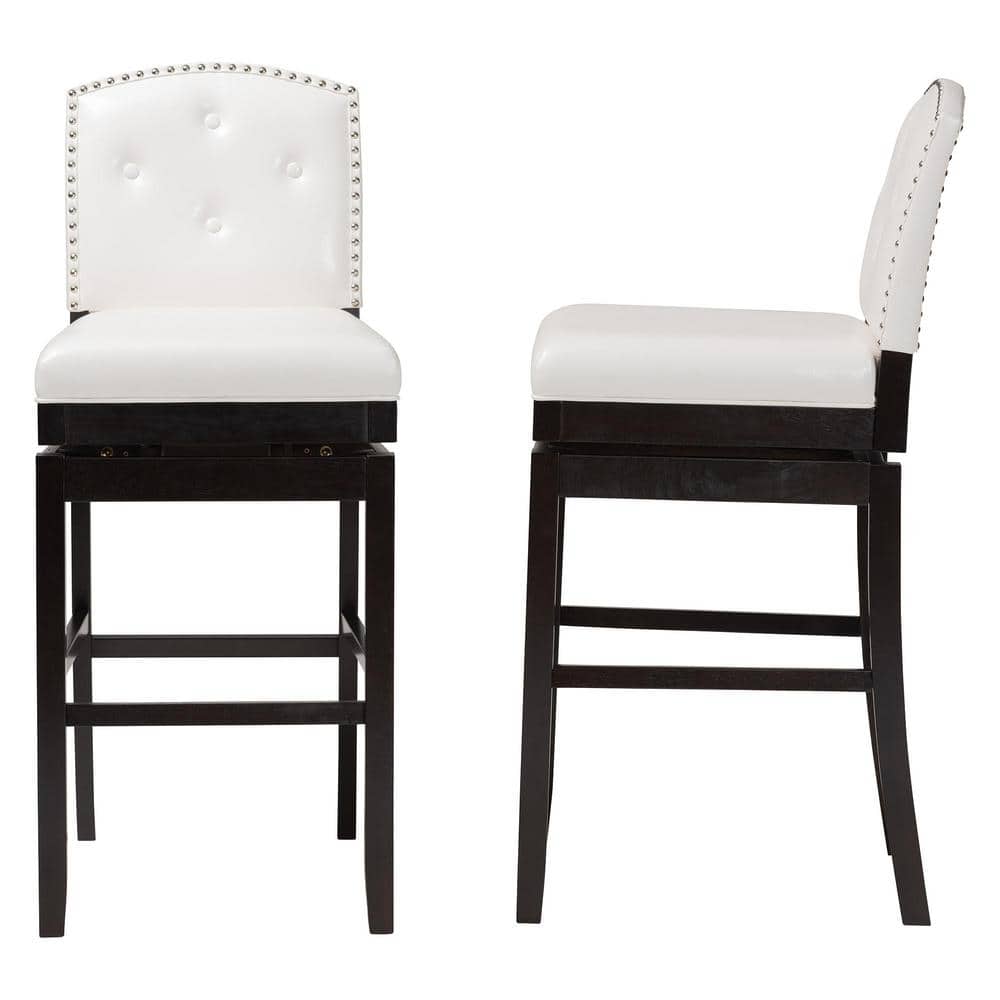 White Faux Leather Button Tufted Swivel Bar Stools Set