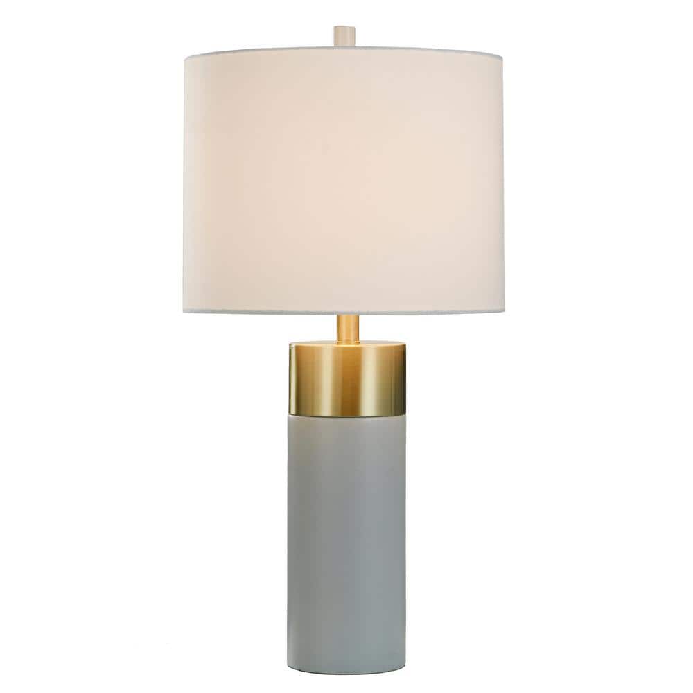 White Concrete and Brass Table Lamp with Drum Shade