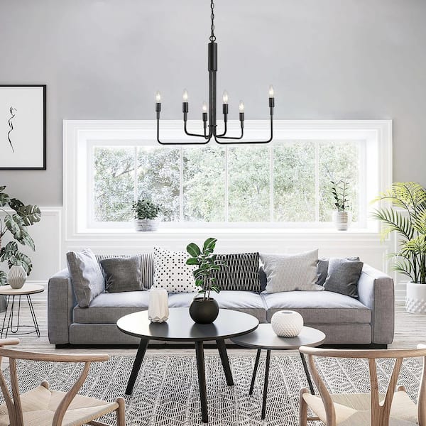 Modern Black Candlestick Oblong Chandelier Farmhouse Irregular Pendant Light 6-Light Transitional Hanging Ceiling Light