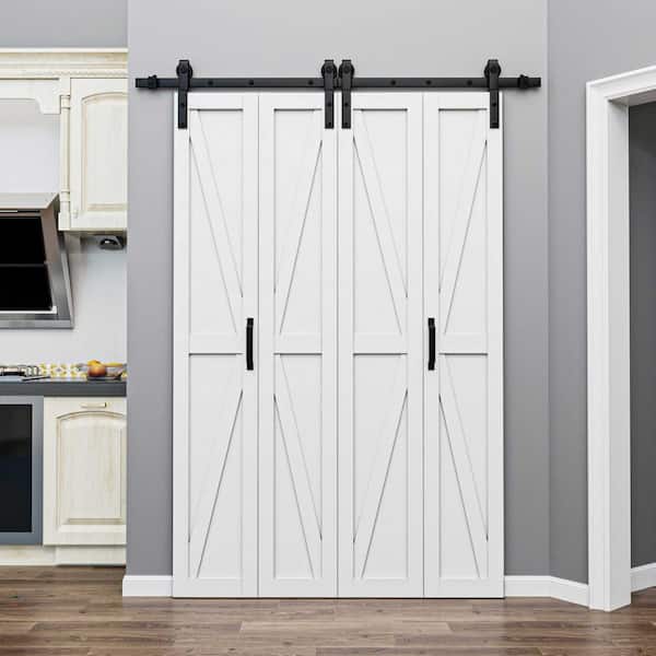 50 in. x 84 in. Paneled K Shape Solid Core White Finished Composite MDF Bifold Door with Bifold Barn Door Hardware