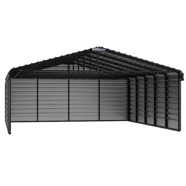 Arrow 20 ft. W x 24 ft. D x 7 ft. H Charcoal Galvanized Steel Carport with 3-sided Enclosure