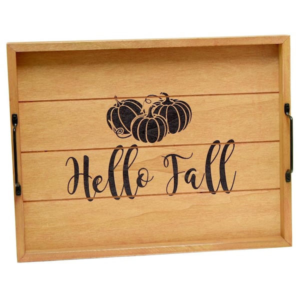 Elegant Designs 12 in. W x 2.25 in. H x 15.50 in. D in. Hello Fall" Natural Wood Decorative Wood Serving Tray