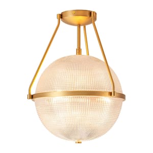 Lena 13.7 in. 3-Light Brass Gold Modern Industrial Semi-Flush Mount with Clear Grid Glass Globe Shade