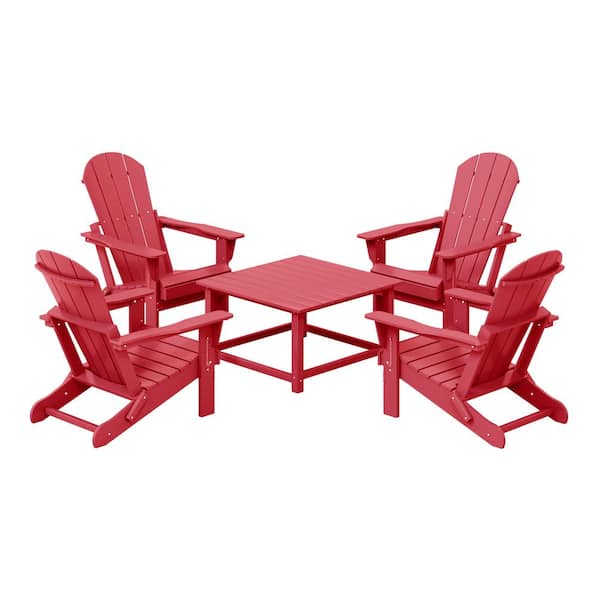 WESTIN OUTDOOR Laguna Red Plastic Weather Resistant Adirondack Chair 5-Piece Outdoor Patio Conversation Set, Square Coffee Table