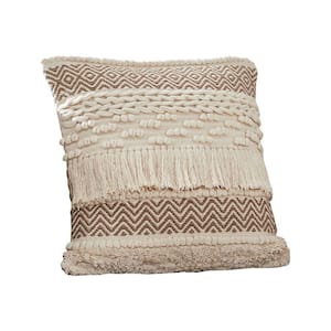 Beige Braided Fringes Decorative 18 in. x 18 in. Throw Pillow Cover