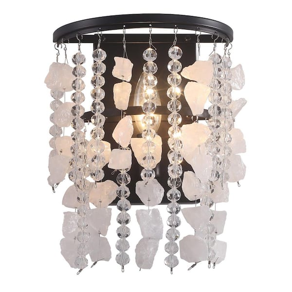 Modern 8 in. 1-Light Black Wall Sconce with Quartz and Clear Crystal Bead String Shade