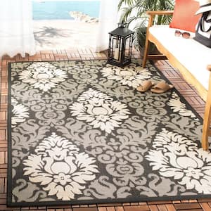 Courtyard Black/Sand Doormat 2 ft. x 4 ft. Floral Indoor/Outdoor Patio Area Rug
