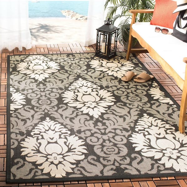 Courtyard Black/Sand Doormat 2 ft. x 4 ft. Floral Indoor/Outdoor Patio Area Rug
