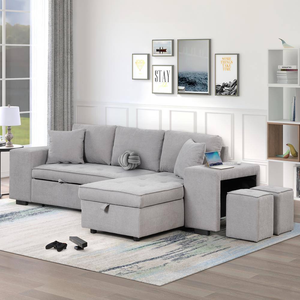 J&E Home 104.5 in. W Gray Linen Full Size 4 Seats Reversible Sectional Sofa  Bed with Storage Chaise and 2 Stools GD-W487S00037 - The Home Depot
