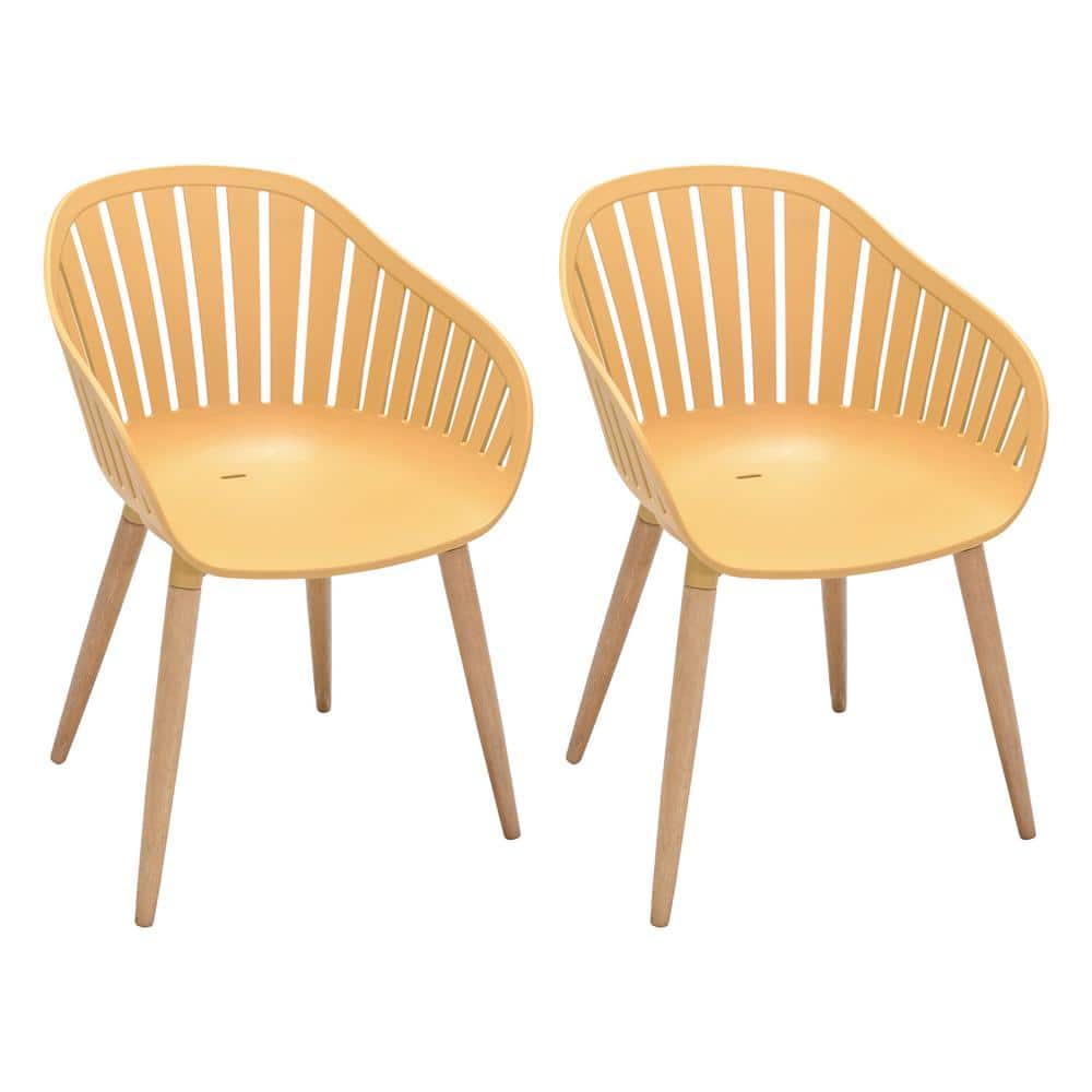Nassau Honey Yellow Arm Plastic Outdoor Patio Dining Chairs with Wood Legs 