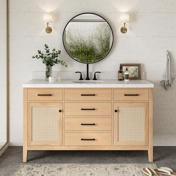 ARIEL Camila 60 in. Single Sink Freestanding Bathroom Vanity in White Oak with Carrara White Quartz Top