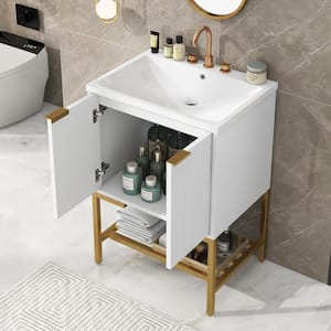 24 in. W x 18 in. D x 33.74 in. H Freestanding Bath Vanity in White with White Ceramic Top Single Basin Sink