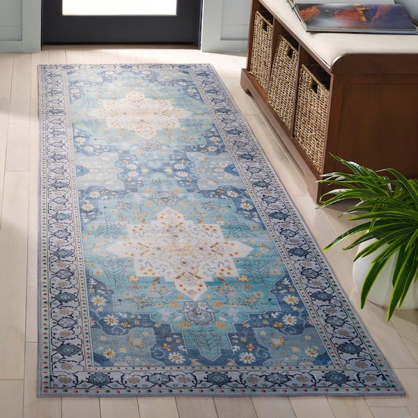 Tucson Aqua/Light Blue 3 ft. x 8 ft. Machine Washable Ornate Border Runner Rug