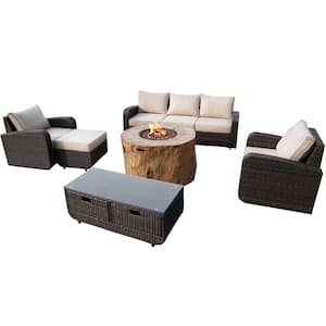 Nebula Brown 6-Piece Wicker Patio Fire Pit Conversation Sofa Set with Beige Cushions