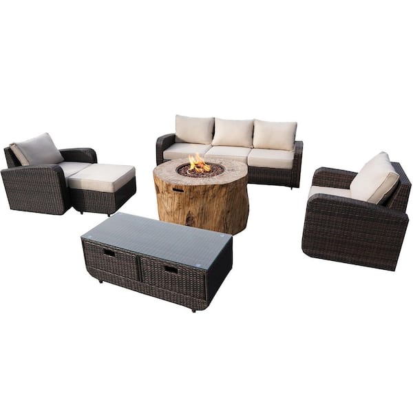 moda furnishings Nebula Brown 6-Piece Wicker Patio Fire Pit Conversation Sofa Set with Beige Cushions
