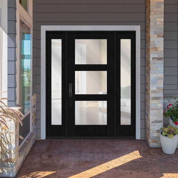 Regency 64 in. x 80 in. Modern 3Lite Equal Clear Glass RHIS Onyx Mahogany Fiberglass Prehung Front Door w/Dbl12in.SL