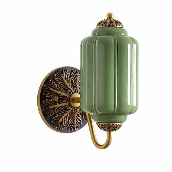 Vintage Green Milk Glass Wall Sconce - Antique Brass Indoor Wall Light for Bedroom, Living Room, and Hallway