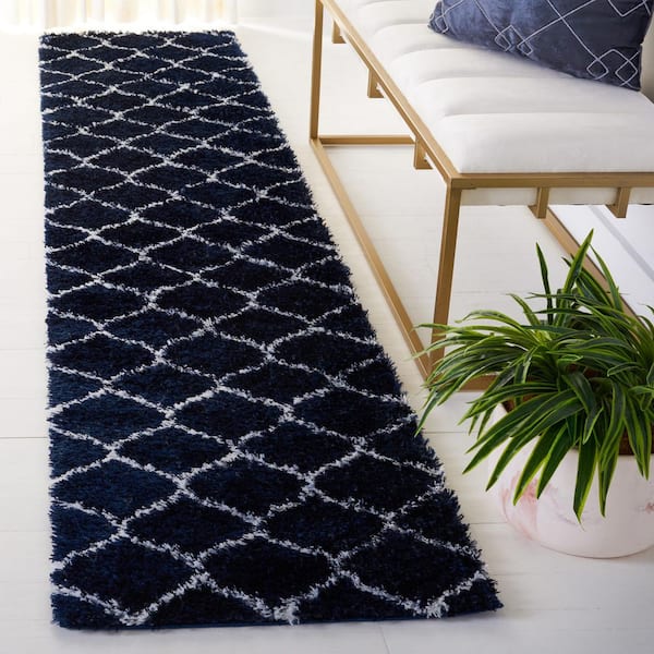 Tahoe Shag 2 ft. x 9 ft. Navy/White Trellis Modern Runner Rug