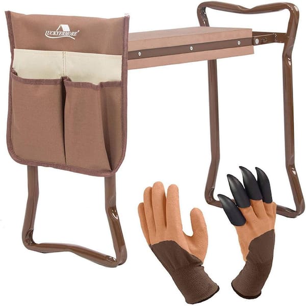Cisvio Folding Garden Kneeler Seat Foldable Bench Stool Soft Kneeling Pad with Tool Pouch in Coffee Brown
